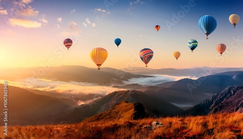 Colorful hot air balloons drift gracefully over a sun-kissed valley at sunrise, creating a magical and breathtaking spectacle.