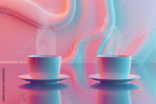 Two cups of coffee on table in creativity minimal art room interior design. Surreal Fantasy and dreamy.	
