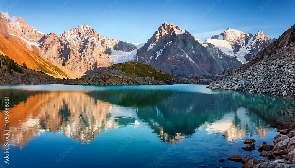 Colorful mountain peaks reflected in a serene alpine lake with a rocky shore and clear turquoise water. Colorful mountain peaks reflected in a serene alpine lake with a rocky shore and clear turquoise water.