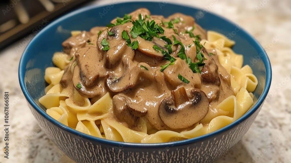 Creamy Beef Stroganoff with Pasta in Blue Bowl Creamy Beef Stroganoff with Pasta in Blue Bowl