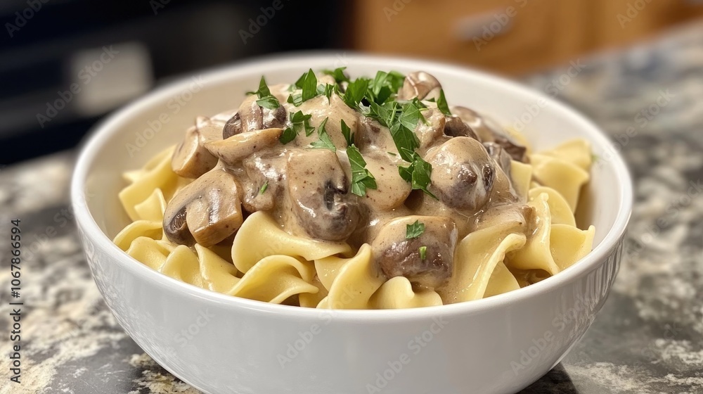 Beef Stroganoff with Noodles in a White Bowl Beef Stroganoff with Noodles in a White Bowl