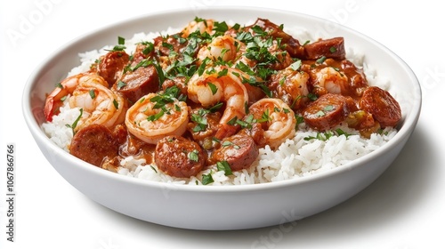 Hearty Gumbo in a White Bowl with Rice