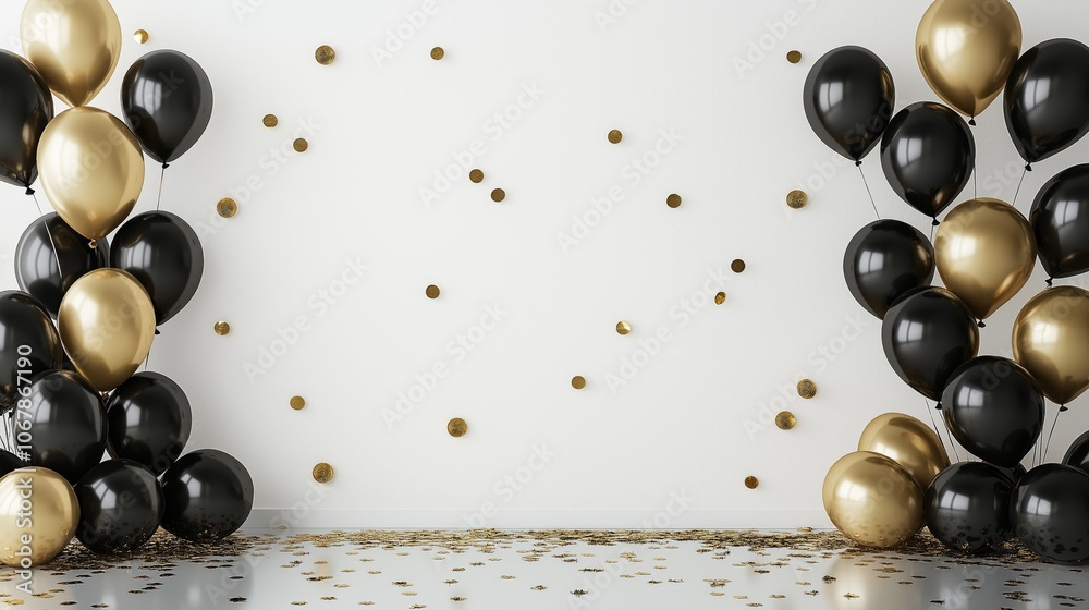 Naklejka premium Modern New Year's party setup with black and gold balloons