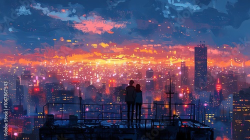 A couple stands on a rooftop terrace, gazing at the city skyline as it sparkles with lights. The hum of traffic below is distant, and they enjoy the quiet, elevated view of the bustling metropolis