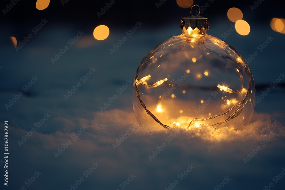 Transparent Christmas ornament on snow, with blurred fairy lights and space for text. Transparent Christmas ornament on snow, with blurred fairy lights and space for text.