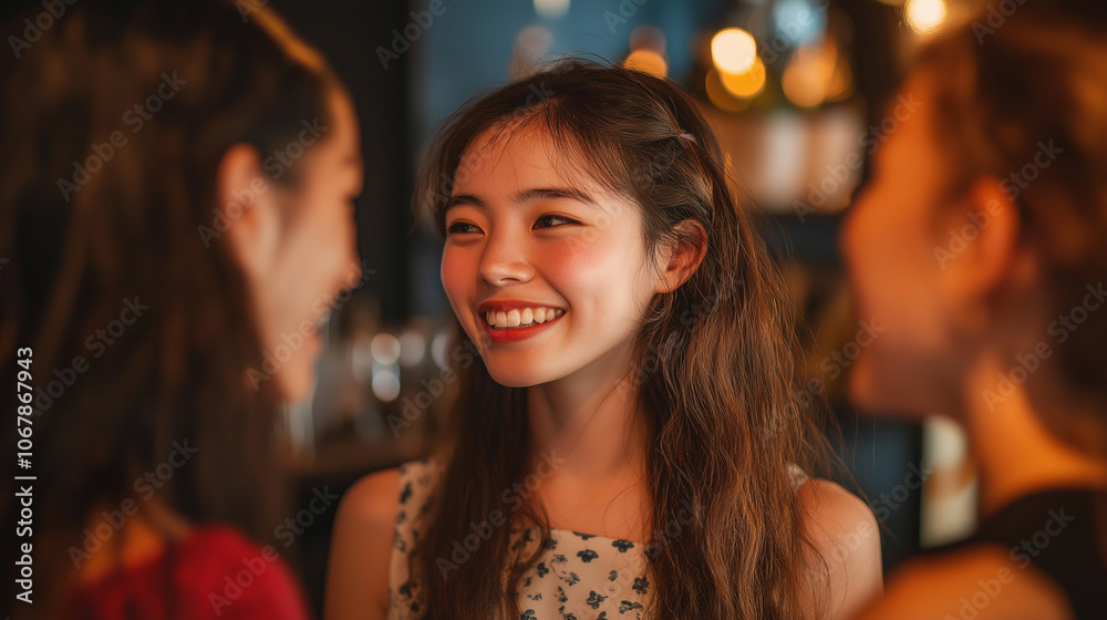 Young woman smiling and talking with friends in a bar Young woman smiling and talking with friends in a bar