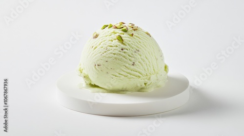 Creamy Pista Ice Cream Scoop on White Plate