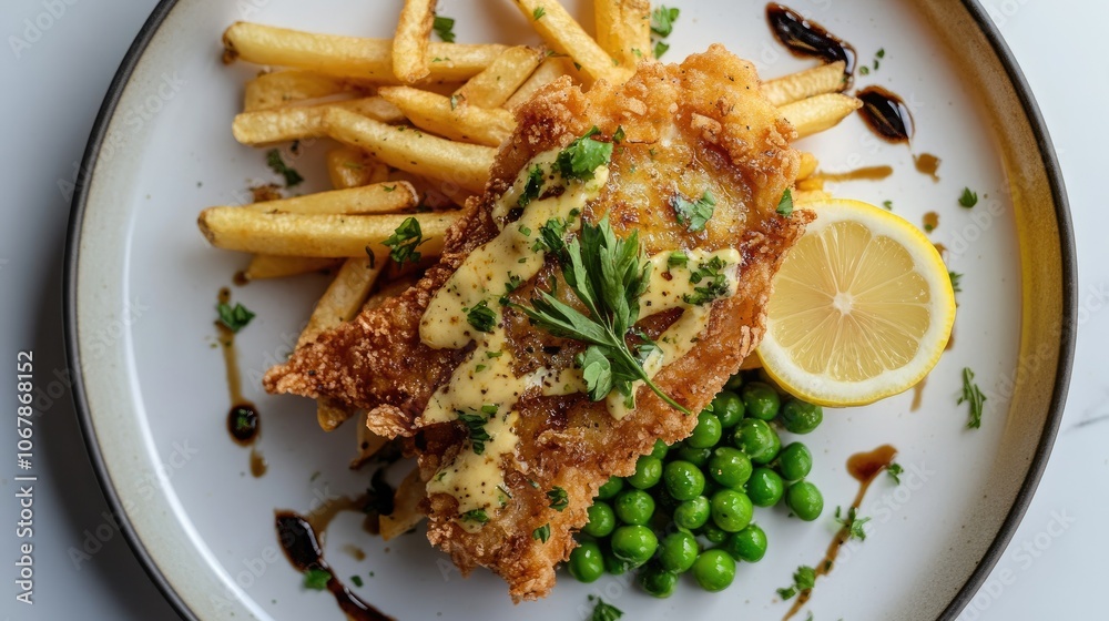 Crispy Fish with Fries and Lemon Garnish Crispy Fish with Fries and Lemon Garnish