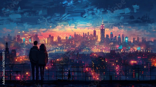 A couple stands on a rooftop terrace, gazing at the city skyline as it sparkles with lights. The hum of traffic below is distant, and they enjoy the quiet, elevated view of the bustling metropolis