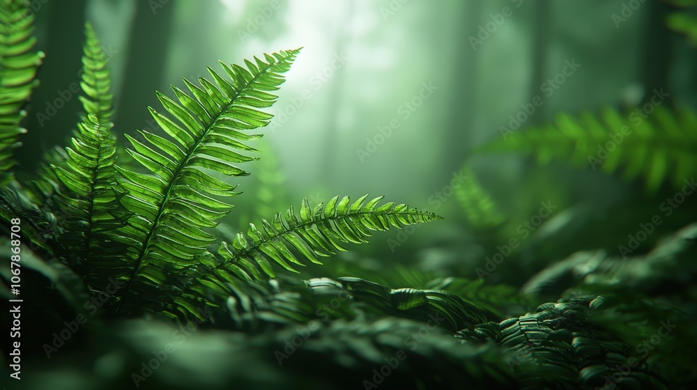 Lush Green Fern Fronds in Misty Forest Nature Background Lush Green Fern Fronds in Misty Forest Nature Background
