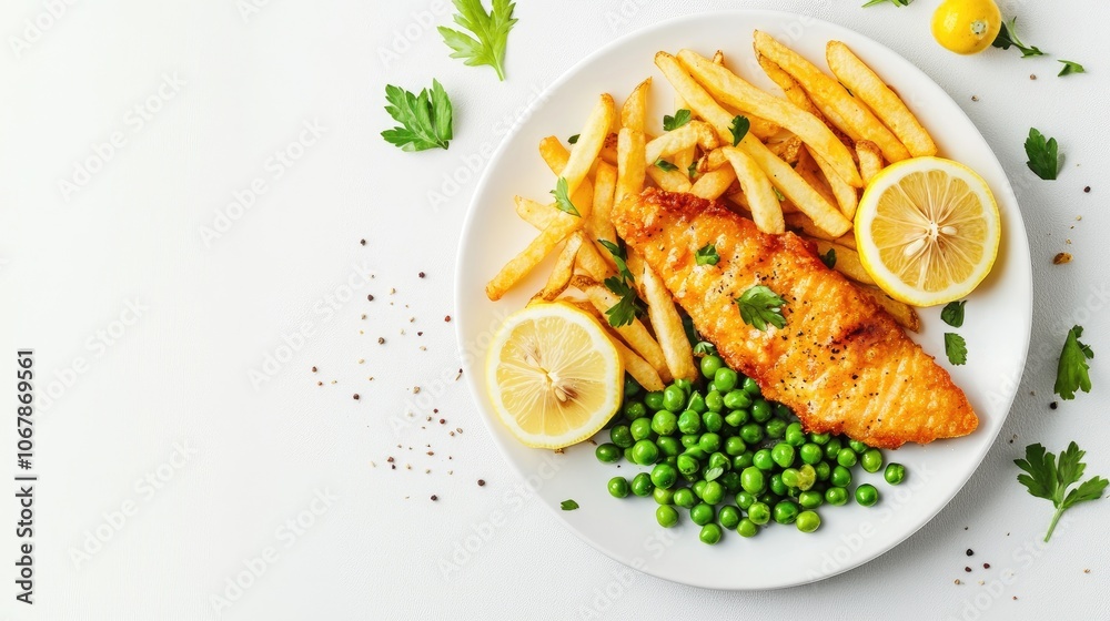 Crispy Golden Fried Fish with French Fries and Peas Crispy Golden Fried Fish with French Fries and Peas