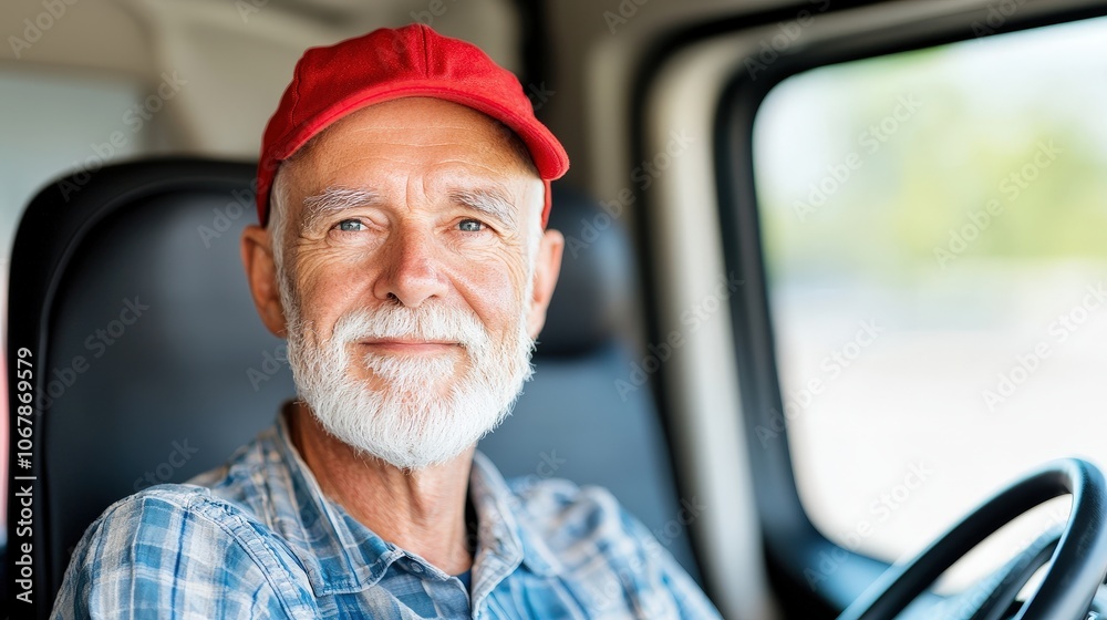 Senior Truck Driver Smiling in Cab with GPS Navigation Senior Truck Driver Smiling in Cab with GPS Navigation