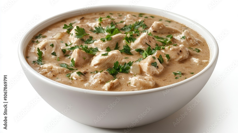 Creamy Chicken Stew in White Bowl with Garnish Creamy Chicken Stew in White Bowl with Garnish
