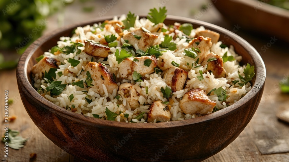 Delicious Chicken Rice in Wooden Bowl Delicious Chicken Rice in Wooden Bowl