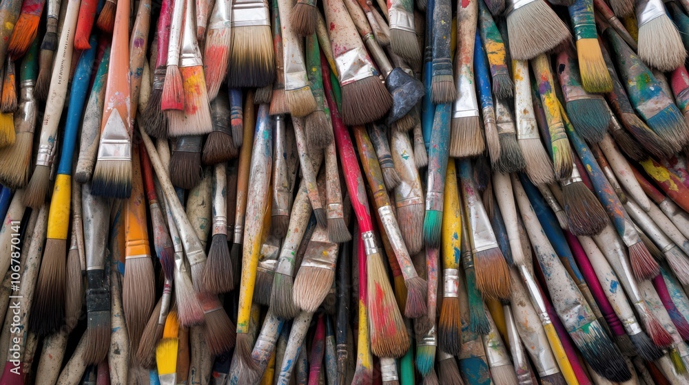 A vibrant array of paintbrushes, splattered and stained, is tightly packed together, reflecting the creative chaos of artistry in a bright, inspiring setting. A vibrant array of paintbrushes, splattered and stained, is tightly packed together, reflecting the creative chaos of artistry in a bright, inspiring setting.