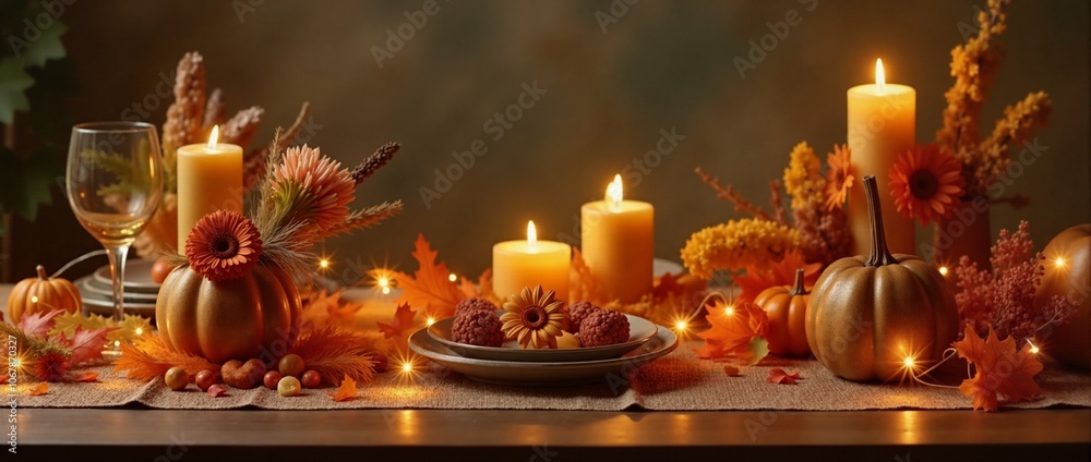 Charming Thanksgiving table setting with candles and seasonal flowers in warm lighting, enhancing the cozy holiday atmosphere Charming Thanksgiving table setting with candles and seasonal flowers in warm lighting, enhancing the cozy holiday atmosphere
