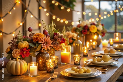 Festive Thanksgiving table setting with candles and floral decor in warm ambient lighting