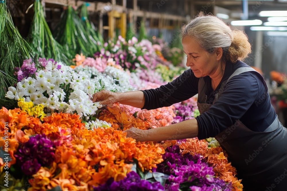 Florist skillfully crafting a stunning Christmas wreath amid vibrant flowers in a bustling market Florist skillfully crafting a stunning Christmas wreath amid vibrant flowers in a bustling market
