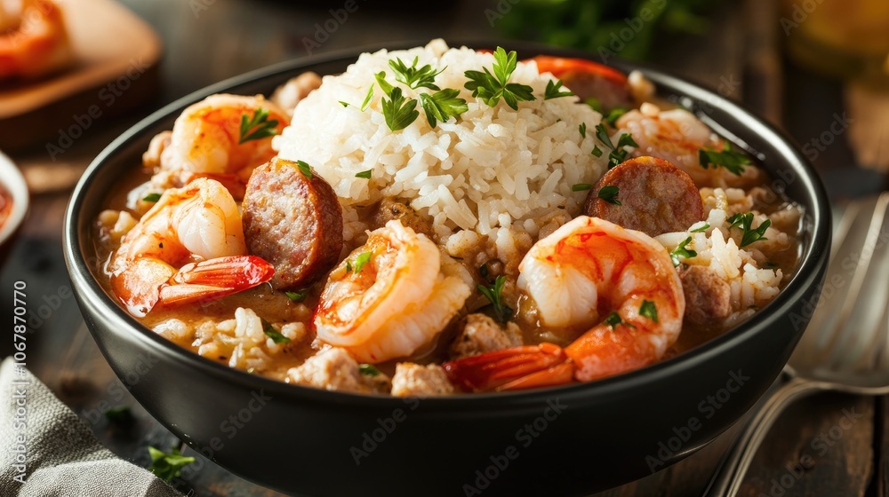 Comforting Bowl of Gumbo with Rice and Seafood Comforting Bowl of Gumbo with Rice and Seafood