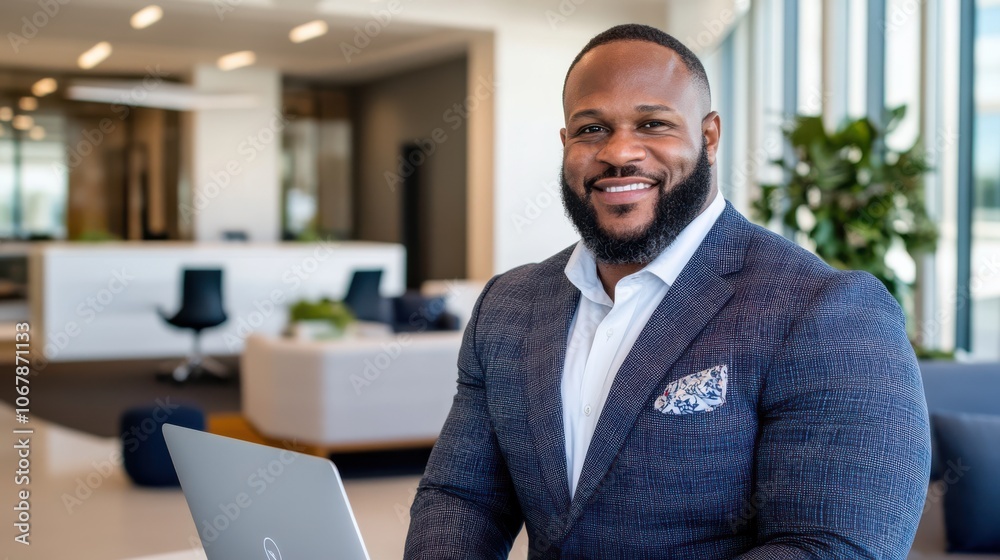 A cheerful man in a suit exudes confidence as he sits joyfully in a modern office, the warm light adding to his buoyant mood. A cheerful man in a suit exudes confidence as he sits joyfully in a modern office, the warm light adding to his buoyant mood.