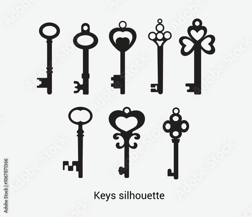 Vector keys silhouette. Antique old key silhouette illustrations