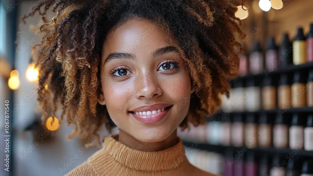 Smiling young woman with curly hair in a cozy shop full of colorful displays Smiling young woman with curly hair in a cozy shop full of colorful displays