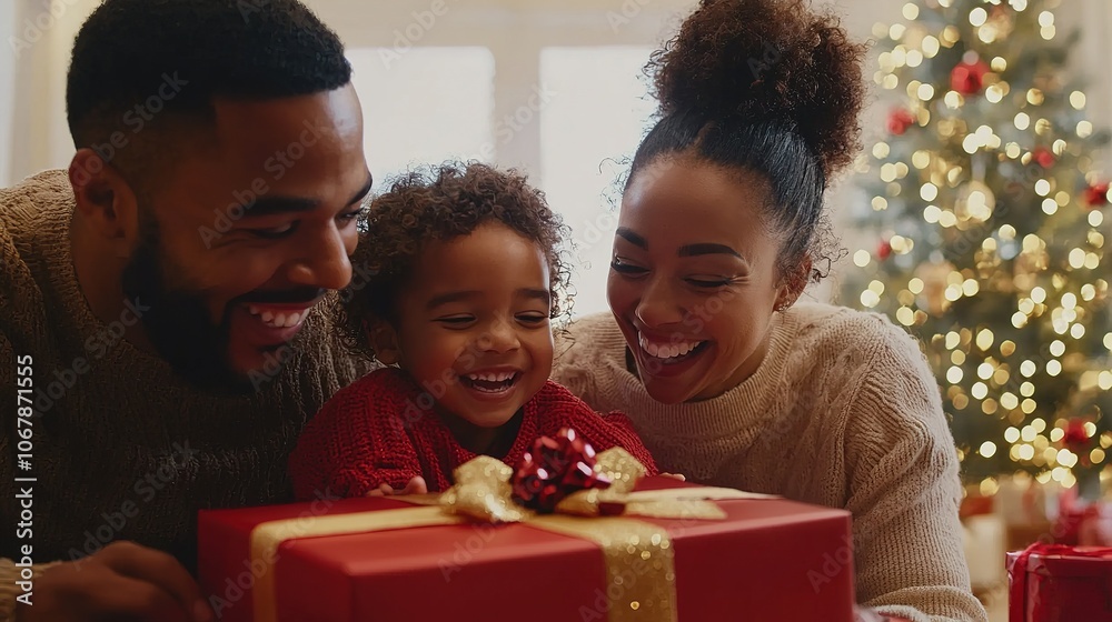 A joyful family shares a special moment, smiling and unwrapping gifts during the festive Christmas season, surrounded by holiday decorations. A joyful family shares a special moment, smiling and unwrapping gifts during the festive Christmas season, surrounded by holiday decorations.