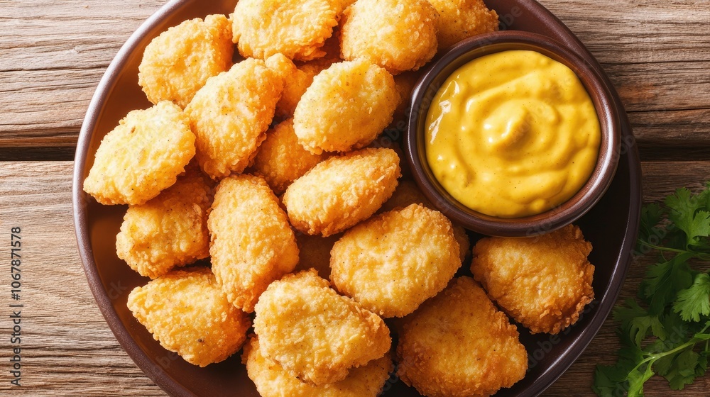 Crispy Chicken Nuggets with Mustard Dip on a Plate Crispy Chicken Nuggets with Mustard Dip on a Plate