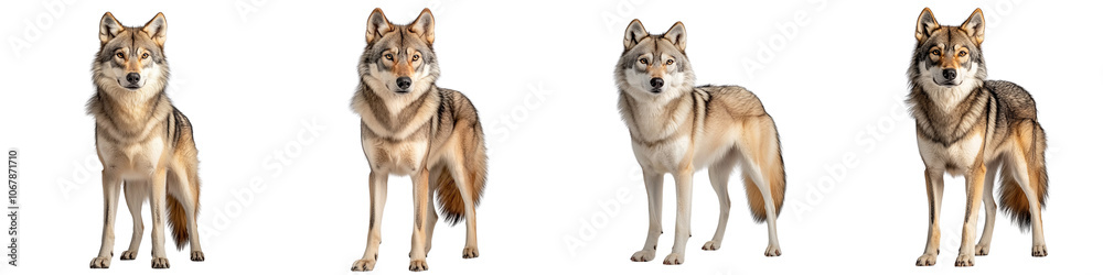 Four dogs standing in a row, each with a different color Four dogs standing in a row, each with a different color