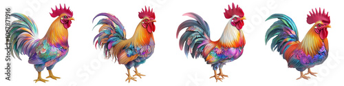 Four colorful roosters standing in a row