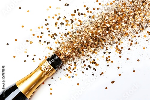 Champagne bottle with gold glitter and confetti, on a white background, with space for text, top view.