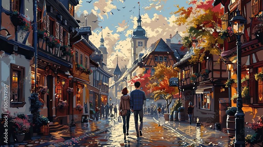A couple strolls hand-in-hand down a cobblestone street lined with historic buildings. They pause to admire the architecture, snapping photos as they take in the rich history and culture of the city A couple strolls hand-in-hand down a cobblestone street lined with historic buildings. They pause to admire the architecture, snapping photos as they take in the rich history and culture of the city