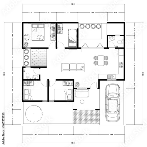 Architecture plan with furniture. home floor plan, isolated on white background, stock illustration. Vector eps