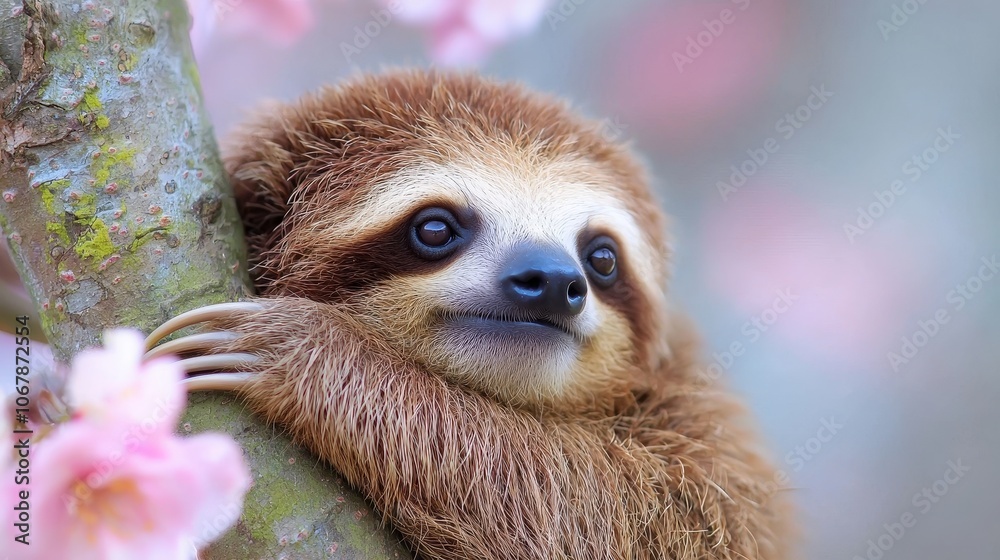 Naklejka premium Adorable Sloth Hanging on Tree Branch with Pink Flowers Wildlife Photo