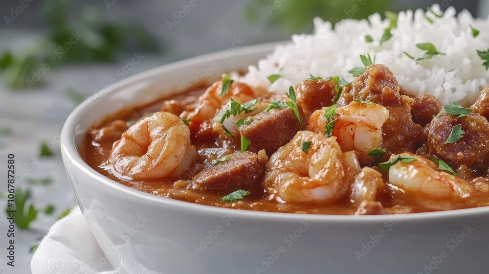 Delicious Gumbo with Shrimp and Rice Presentation Delicious Gumbo with Shrimp and Rice Presentation