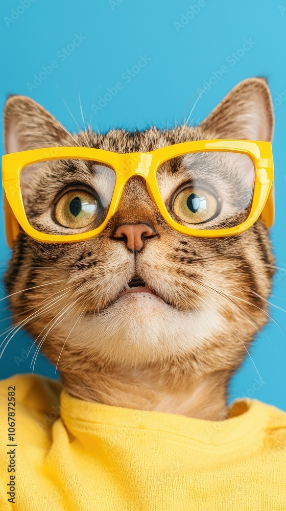Cute Cat Wearing Yellow Glasses Looking Up Funny Pet Portrait Cute Cat Wearing Yellow Glasses Looking Up Funny Pet Portrait