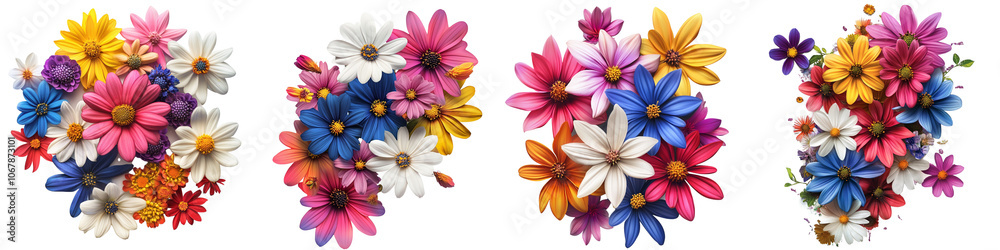 A row of flowers with different colors and sizes A row of flowers with different colors and sizes