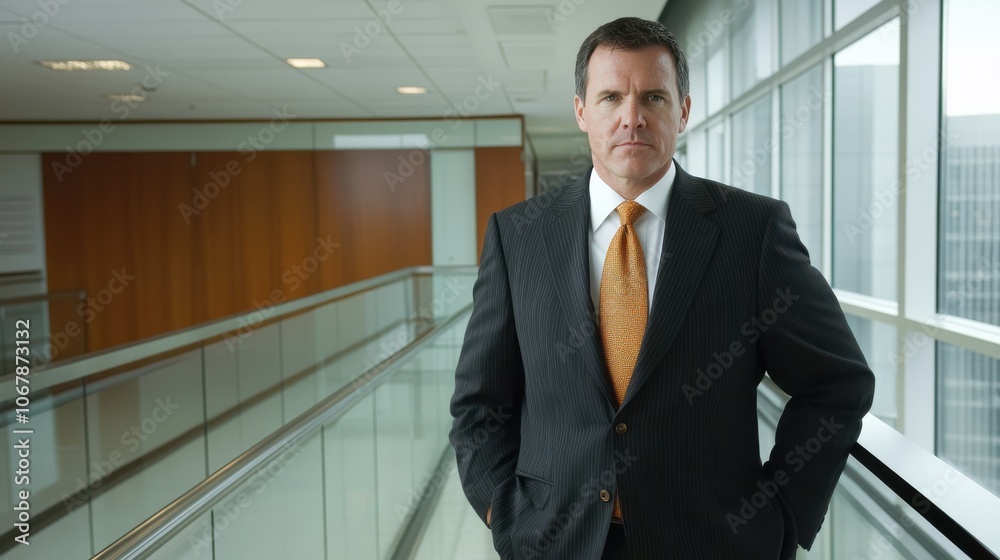 A determined man in a dark suit stands confidently in a modern, well-lit corridor, embodying professionalism and authority. A determined man in a dark suit stands confidently in a modern, well-lit corridor, embodying professionalism and authority.