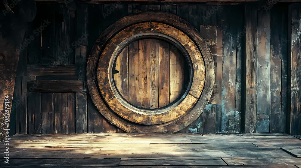 A circular doorway in an ancient, wooden room. Vintage. Illustration A circular doorway in an ancient, wooden room. Vintage. Illustration