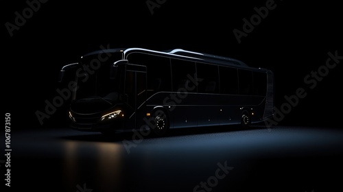 A sleek, modern bus illuminated in a dark setting. photo