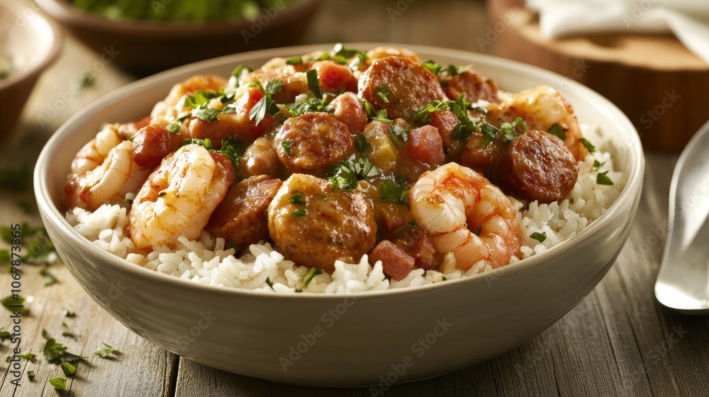Inviting Bowl of Rich Gumbo with Shrimp and Sausage Inviting Bowl of Rich Gumbo with Shrimp and Sausage