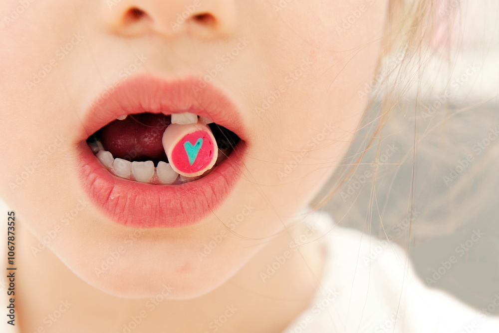 Fototapeta premium A close-up of a child's mouth holding a colorful candy with a heart design 