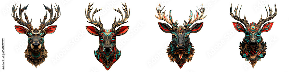 Four deer heads with different designs and colors Four deer heads with different designs and colors