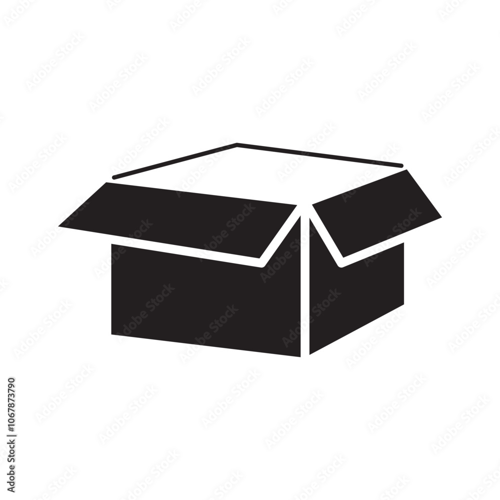Open box icon. Packaging symbol vector. Empty container shape. Black box illustration.