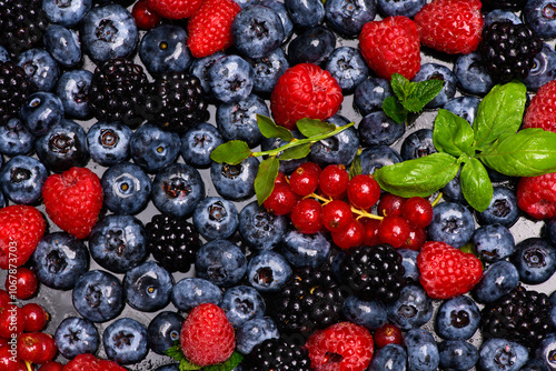 Berry background. Texture of fresh wild berries. Garden berry. Summer berry fruit. Raspberry, blueberry, blackberry.