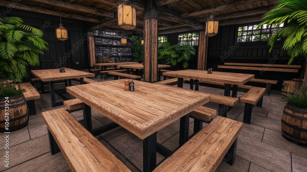 Rustic Wooden Bistro Tables and Benches in Cozy Outdoor Setting Rustic Wooden Bistro Tables and Benches in Cozy Outdoor Setting