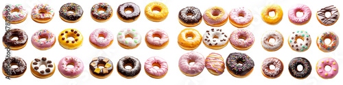 A row of donuts with different flavors and toppings