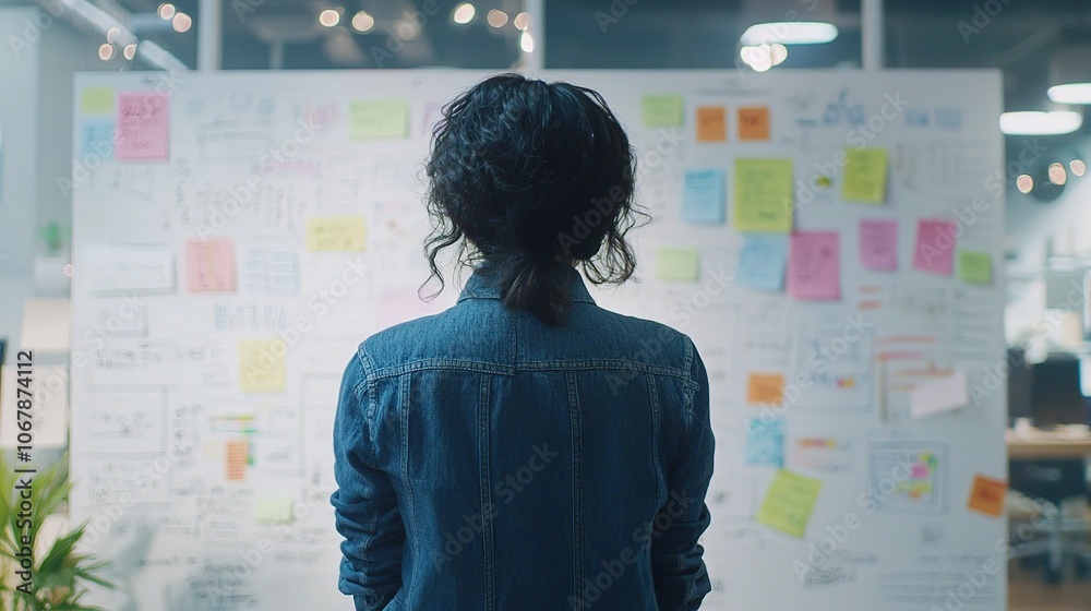 A woman studies a colorful wall filled with sticky notes and ideas, contemplating her next steps in a creative workspace. A woman studies a colorful wall filled with sticky notes and ideas, contemplating her next steps in a creative workspace.