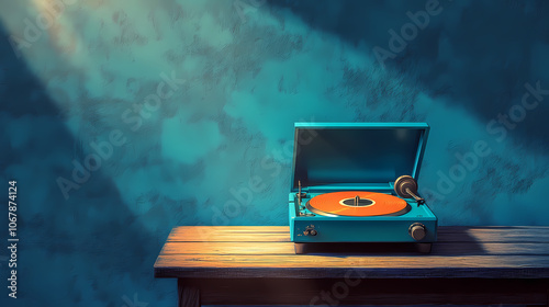 A vintage blue record player with an orange record on a wooden table against a blue wall with a spotlight on the record player. Vintage. Illustration photo