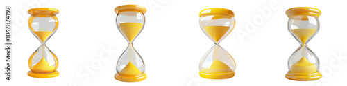 Four sand timers are shown in a row, all yellow and clear photo